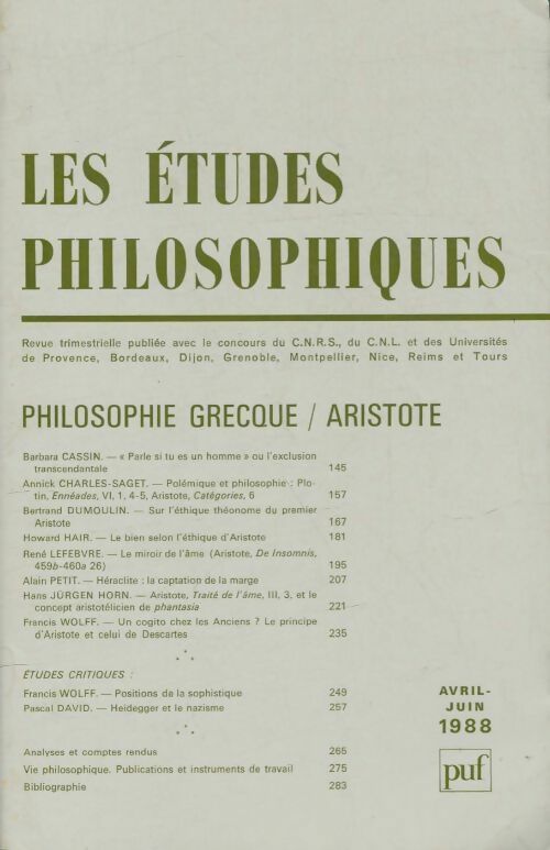 Livrenpoche : Études philosophiques 1988 numéro 2 - Collectif - Livre