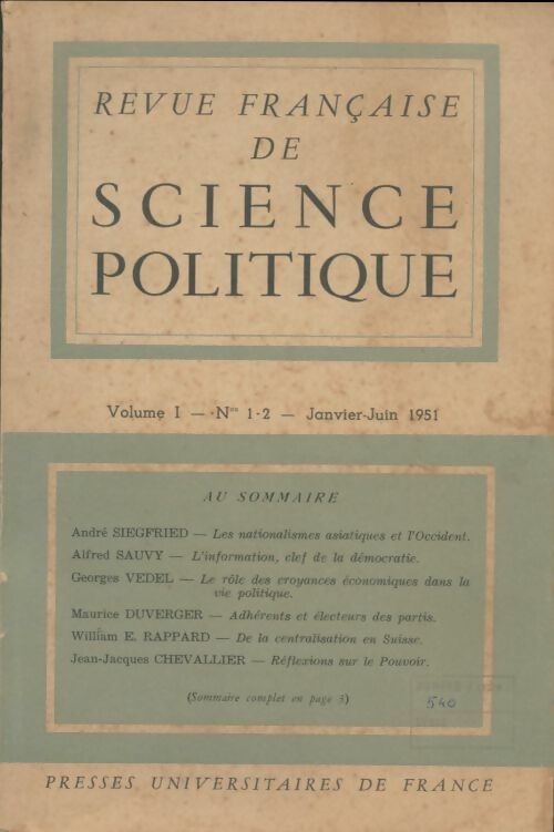 Revue française de sience politique Volume I n°1-2 1951 - Collectif -  Revue française de science politique - Livre