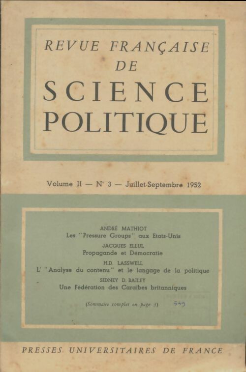 Revue française de science politique Volume Ii n°3 1952 - Collectif -  Revue française de science politique - Livre