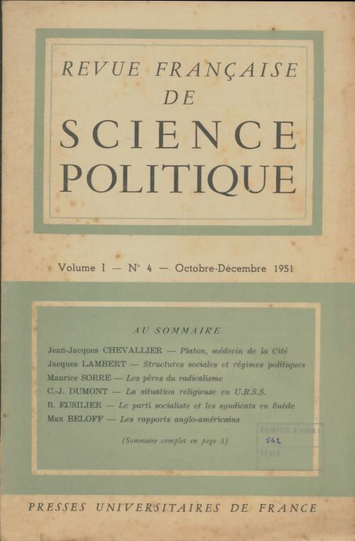 Revue française de science politique Volume I n°4 1951 - Collectif -  Revue française de science politique - Livre