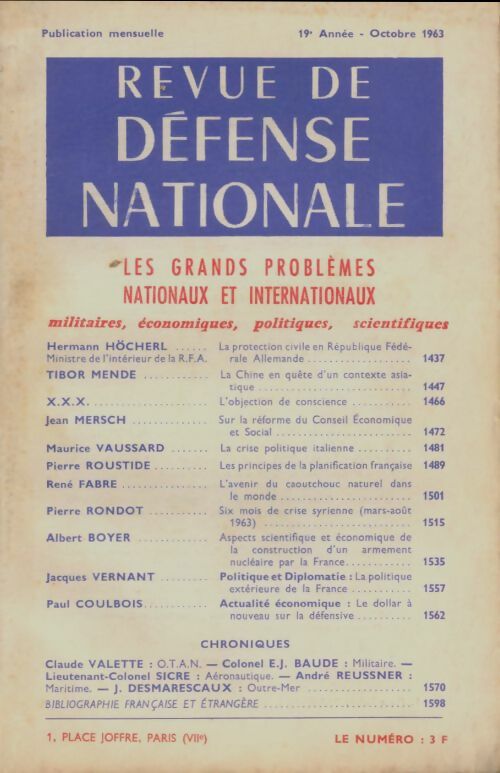 Revue de défense nationale Octobre 1963 - Collectif -  Revue de défense nationale - Livre