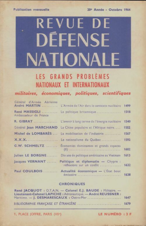 Revue de défense nationale Octobre 1964 - Collectif -  Revue de défense nationale - Livre